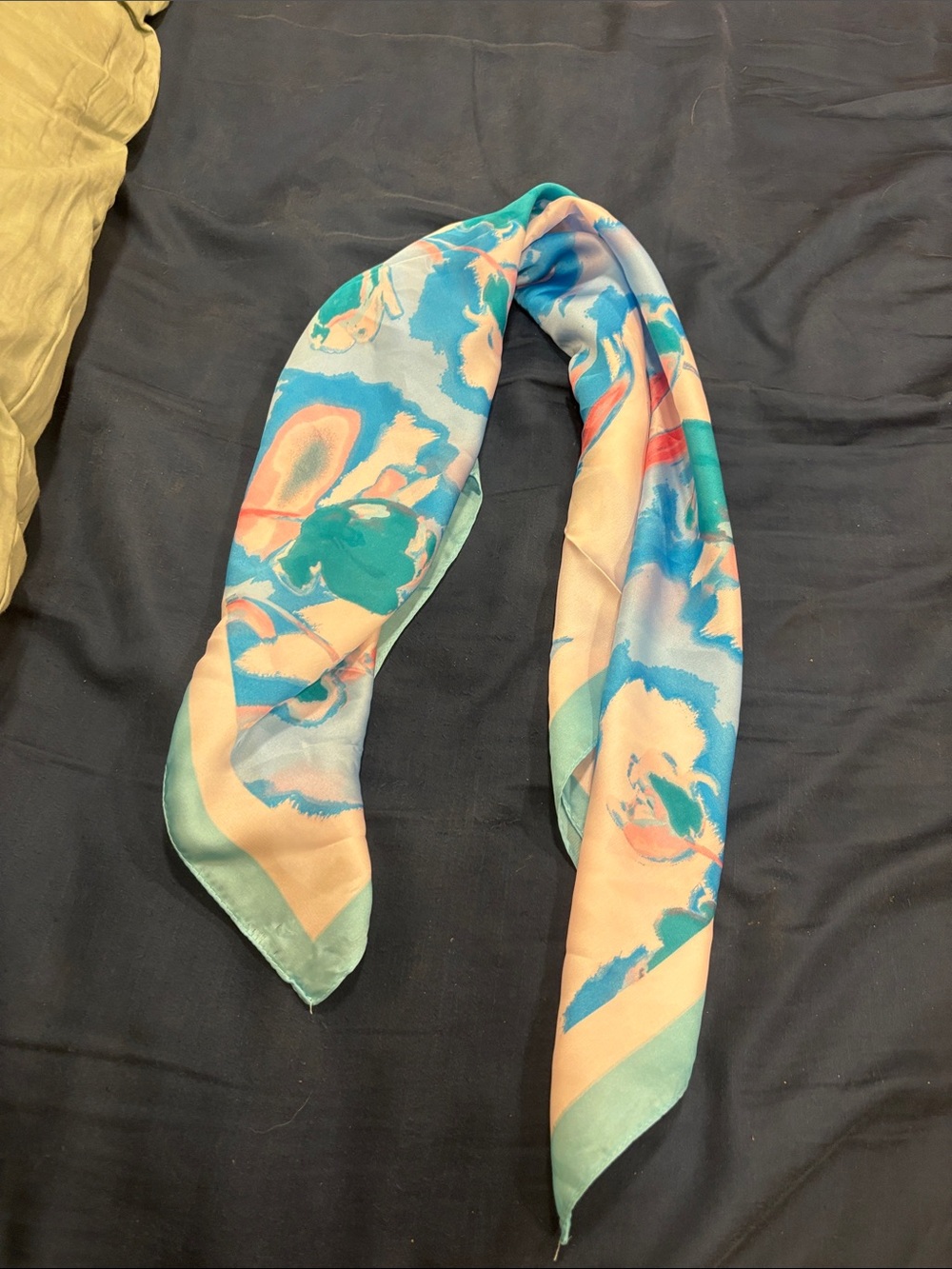 Silk-Feel Floral Skinny Scarf in Aqua & Peach